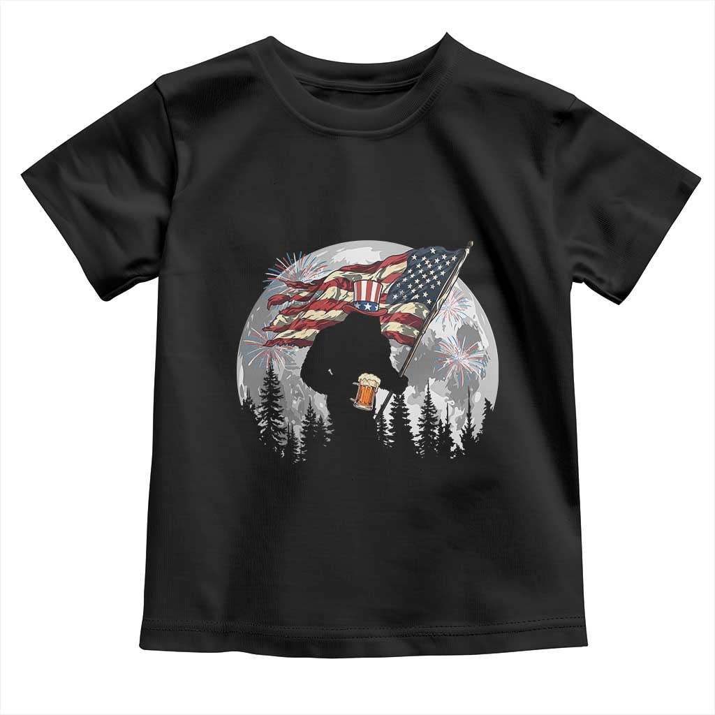 Bigfoot Drinking Beer 4th of July Toddler T Shirt Sasquatch Hiking Moon American Flag TS14 Black Print Your Wear