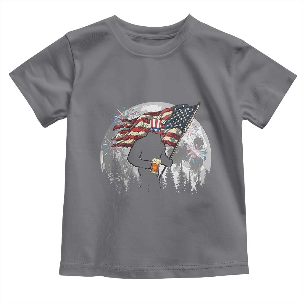 Bigfoot Drinking Beer 4th of July Toddler T Shirt Sasquatch Hiking Moon American Flag TS14 Charcoal Print Your Wear