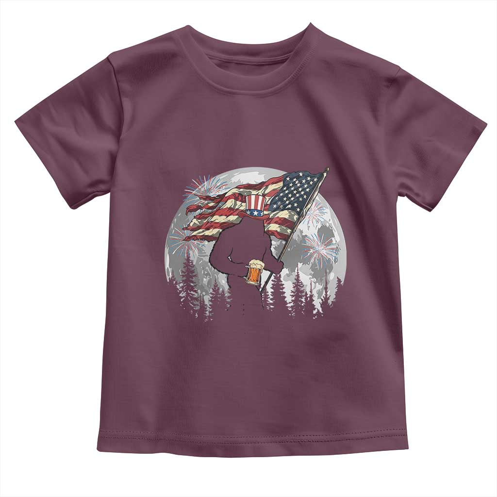 Bigfoot Drinking Beer 4th of July Toddler T Shirt Sasquatch Hiking Moon American Flag TS14 Maroon Print Your Wear