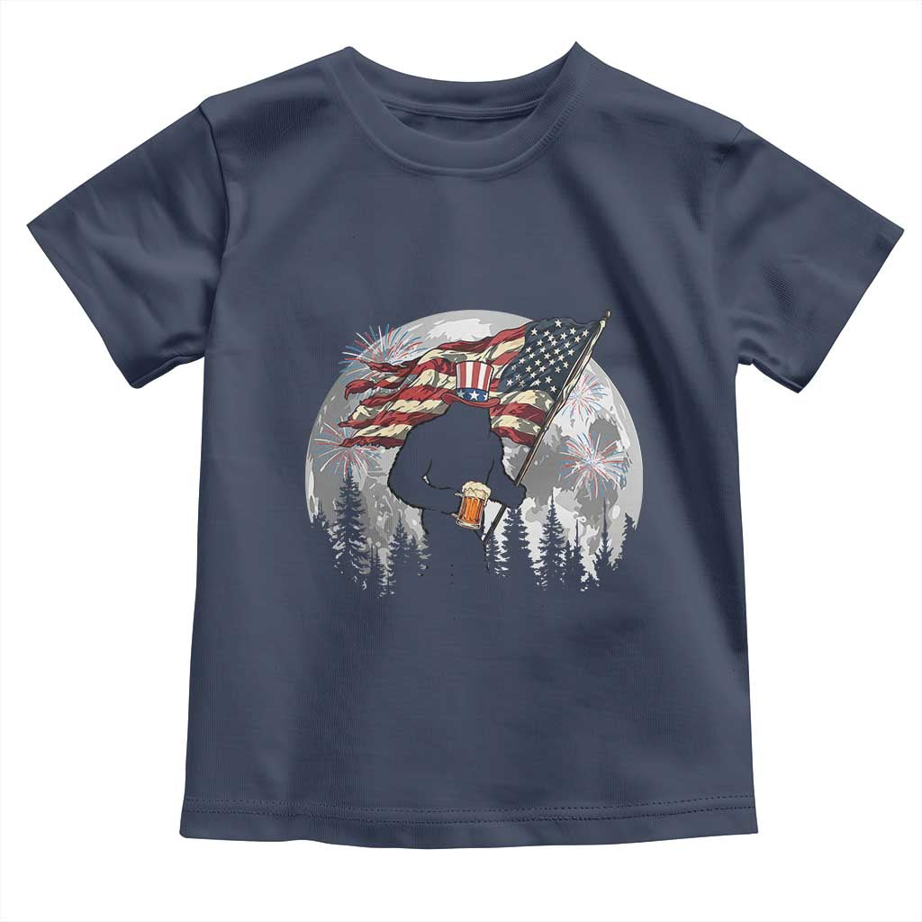 Bigfoot Drinking Beer 4th of July Toddler T Shirt Sasquatch Hiking Moon American Flag TS14 Navy Print Your Wear