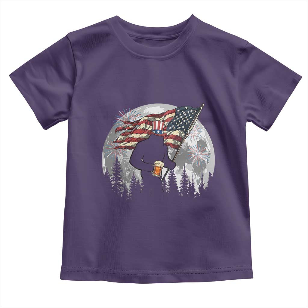 Bigfoot Drinking Beer 4th of July Toddler T Shirt Sasquatch Hiking Moon American Flag TS14 Purple Print Your Wear