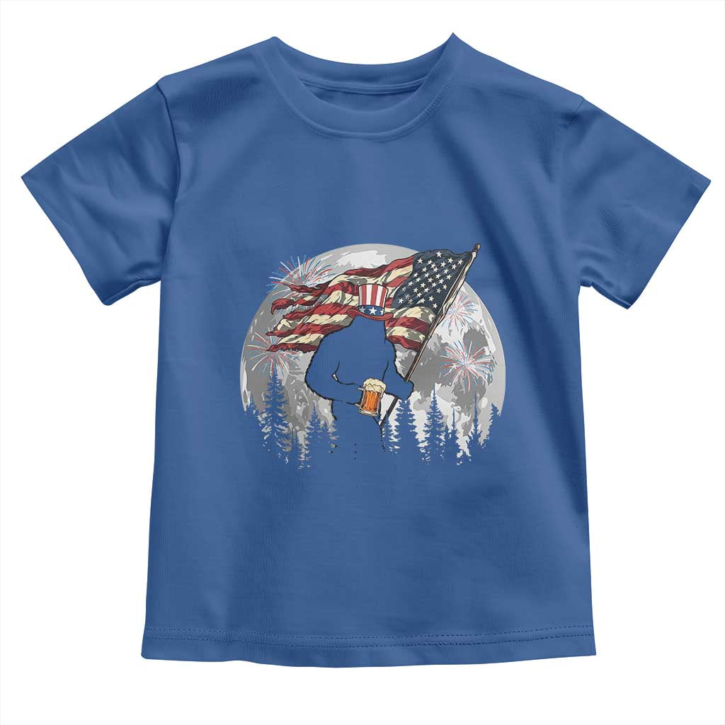 Bigfoot Drinking Beer 4th of July Toddler T Shirt Sasquatch Hiking Moon American Flag TS14 Royal Blue Print Your Wear