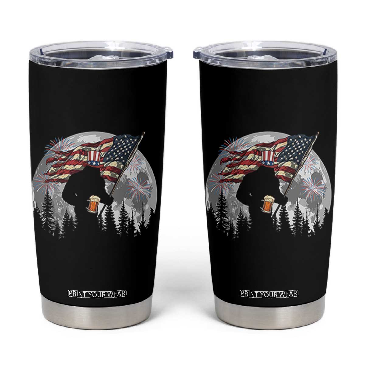 Bigfoot Drinking Beer 4th of July Tumbler Cup Sasquatch Hiking Moon American Flag TS14 Black Print Your Wear