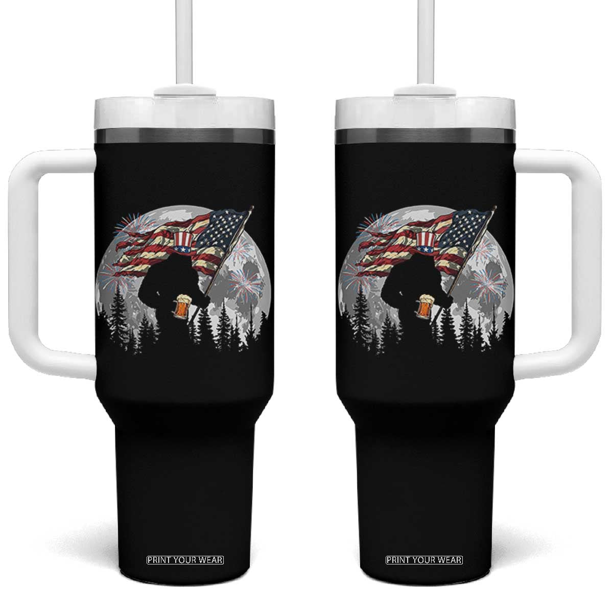Bigfoot Drinking Beer 4th of July Tumbler With Handle Sasquatch Hiking Moon American Flag TS14 One Size: 40 oz Black Print Your Wear