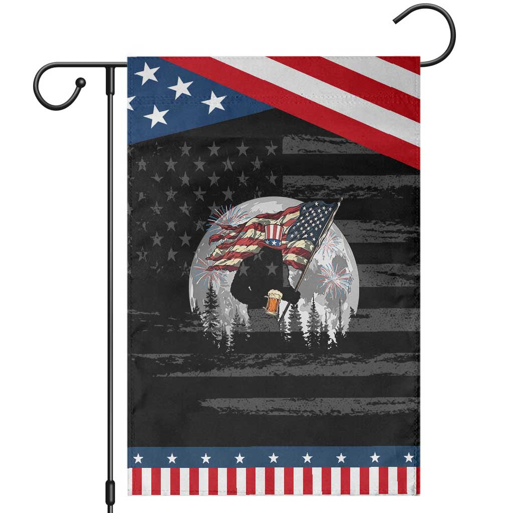 Bigfoot Drinking Beer 4th of July Patriotic Garden Flag Sasquatch Hiking Moon American Flag TS14 Distressed Black Blue Print Your Wear