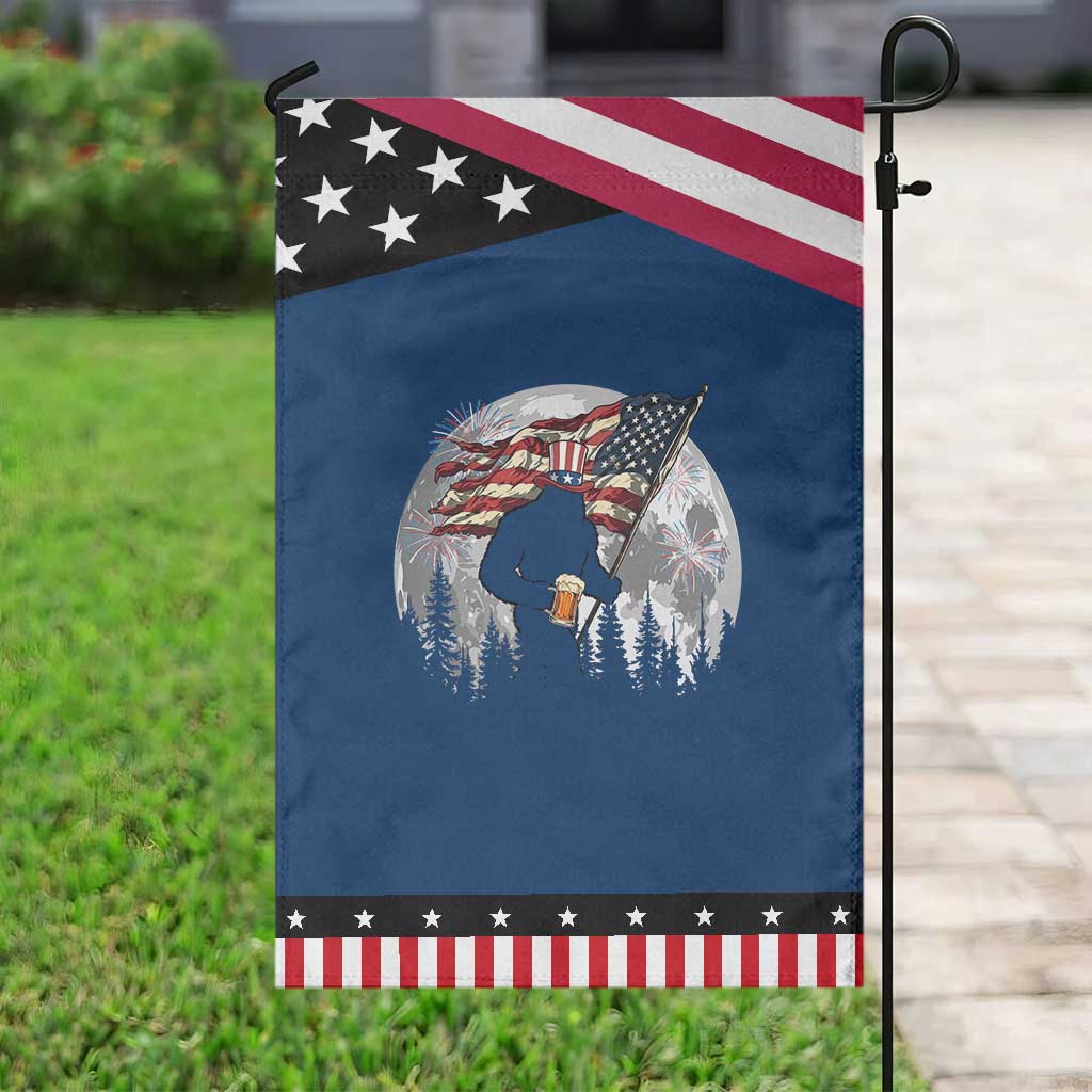 Bigfoot Drinking Beer 4th of July Patriotic Garden Flag Sasquatch Hiking Moon American Flag TS14 Classic Blue Black Print Your Wear