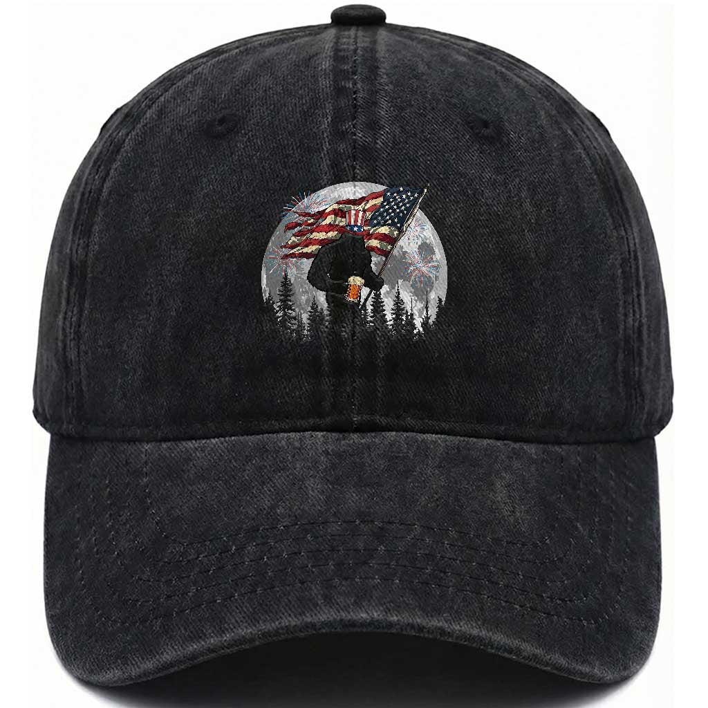 Bigfoot Drinking Beer 4th of July Washed Cotton Baseball Cap Sasquatch Hiking Moon American Flag TS14 Print Your Wear