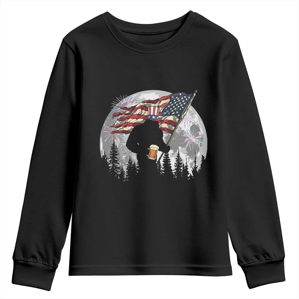 Bigfoot Drinking Beer 4th of July Youth Sweatshirt Sasquatch Hiking Moon American Flag TS14 Black Print Your Wear