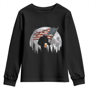 Bigfoot Drinking Beer 4th of July Youth Sweatshirt Sasquatch Hiking Moon American Flag TS14 Black Print Your Wear