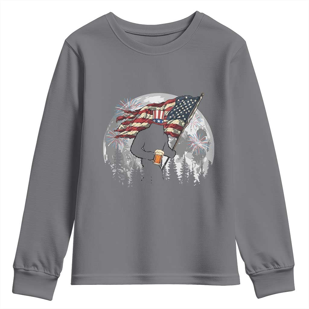 Bigfoot Drinking Beer 4th of July Youth Sweatshirt Sasquatch Hiking Moon American Flag TS14 Charcoal Print Your Wear