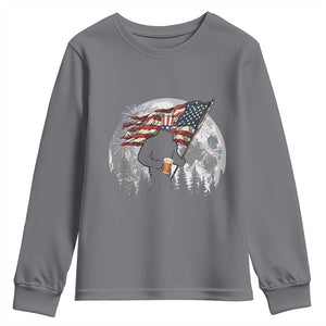 Bigfoot Drinking Beer 4th of July Youth Sweatshirt Sasquatch Hiking Moon American Flag TS14 Charcoal Print Your Wear