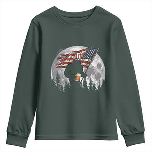 Bigfoot Drinking Beer 4th of July Youth Sweatshirt Sasquatch Hiking Moon American Flag TS14 Dark Forest Green Print Your Wear
