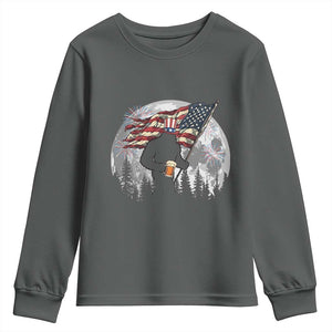 Bigfoot Drinking Beer 4th of July Youth Sweatshirt Sasquatch Hiking Moon American Flag TS14 Dark Heather Print Your Wear