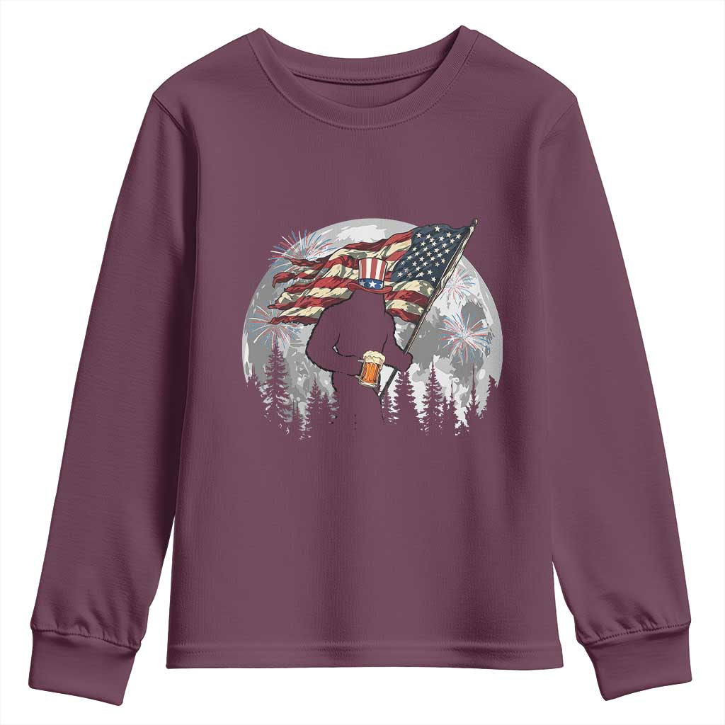 Bigfoot Drinking Beer 4th of July Youth Sweatshirt Sasquatch Hiking Moon American Flag TS14 Maroon Print Your Wear