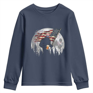 Bigfoot Drinking Beer 4th of July Youth Sweatshirt Sasquatch Hiking Moon American Flag TS14 Navy Print Your Wear