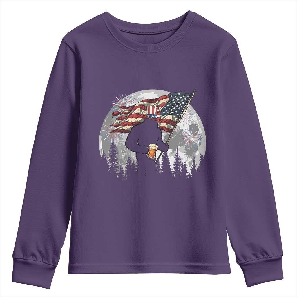 Bigfoot Drinking Beer 4th of July Youth Sweatshirt Sasquatch Hiking Moon American Flag TS14 Purple Print Your Wear