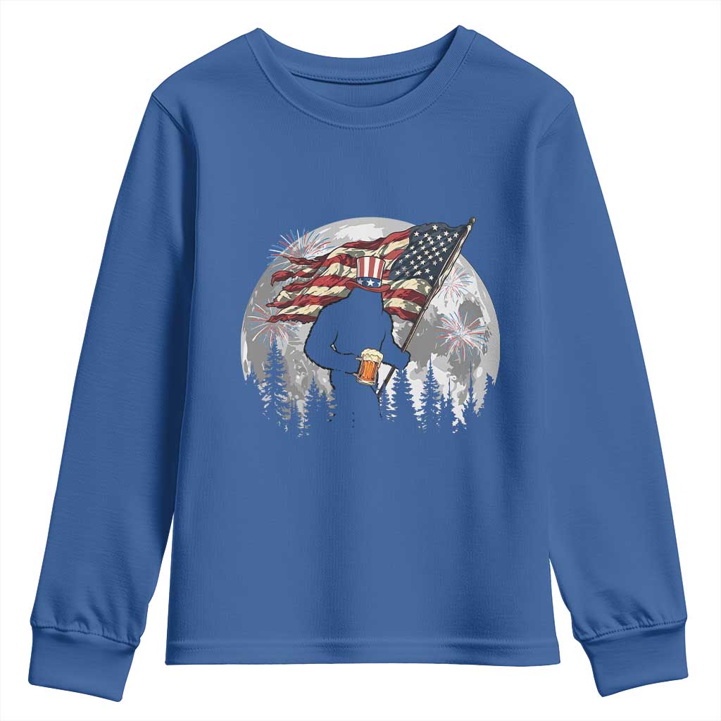 Bigfoot Drinking Beer 4th of July Youth Sweatshirt Sasquatch Hiking Moon American Flag TS14 Royal Blue Print Your Wear