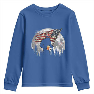 Bigfoot Drinking Beer 4th of July Youth Sweatshirt Sasquatch Hiking Moon American Flag TS14 Royal Blue Print Your Wear