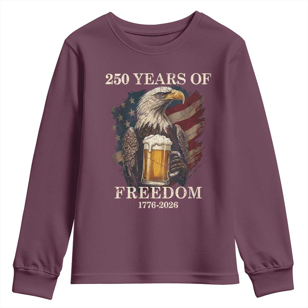 250 Years Of Freedom Youth Sweatshirt Bald Eagle Drinking Beer American Flag TS14 Maroon Print Your Wear