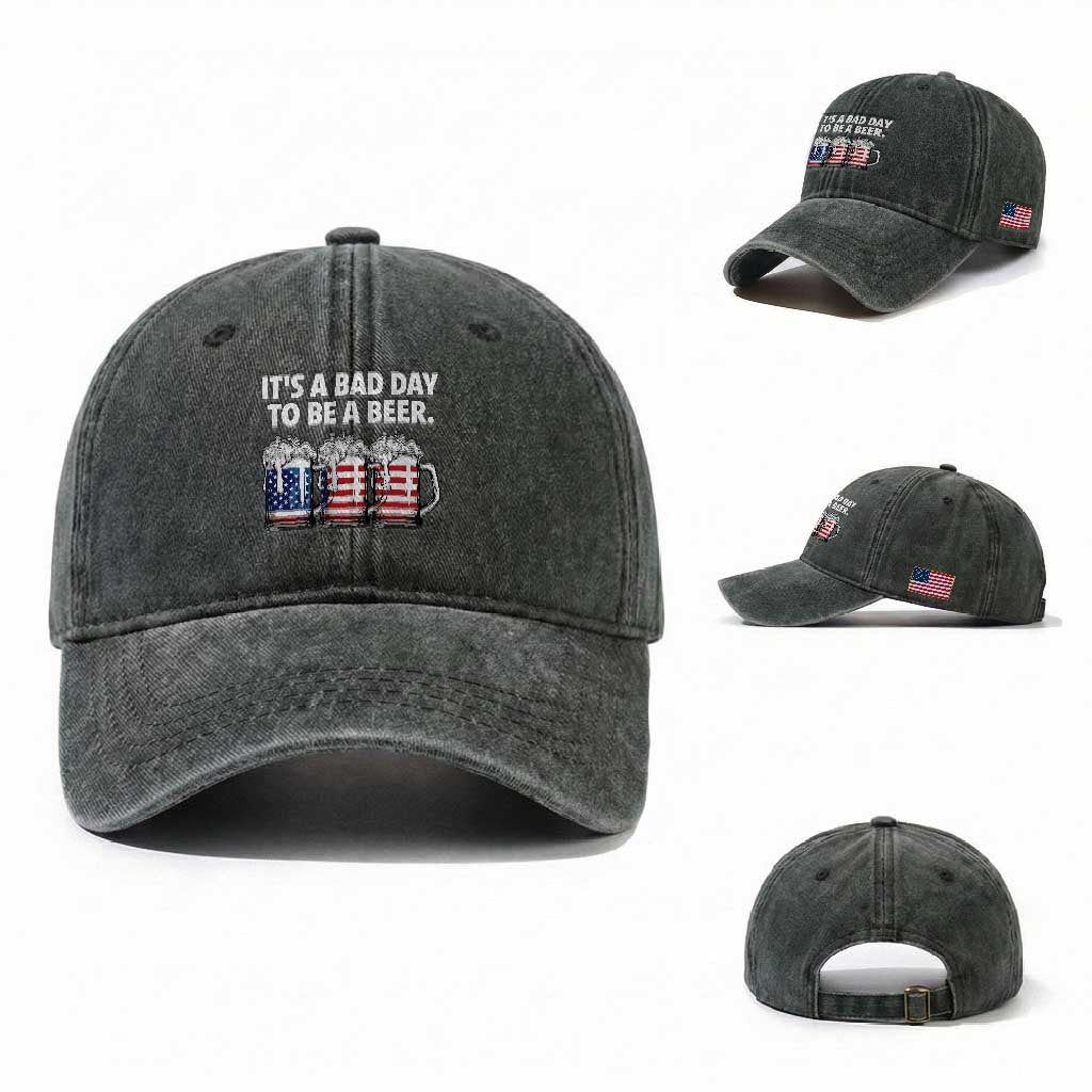 Beer American Flag 4th of July Washed Cotton Baseball Cap Bad Day to Be A Beer TS14 Washed Cap Universal Fit Dark Green Print Your Wear