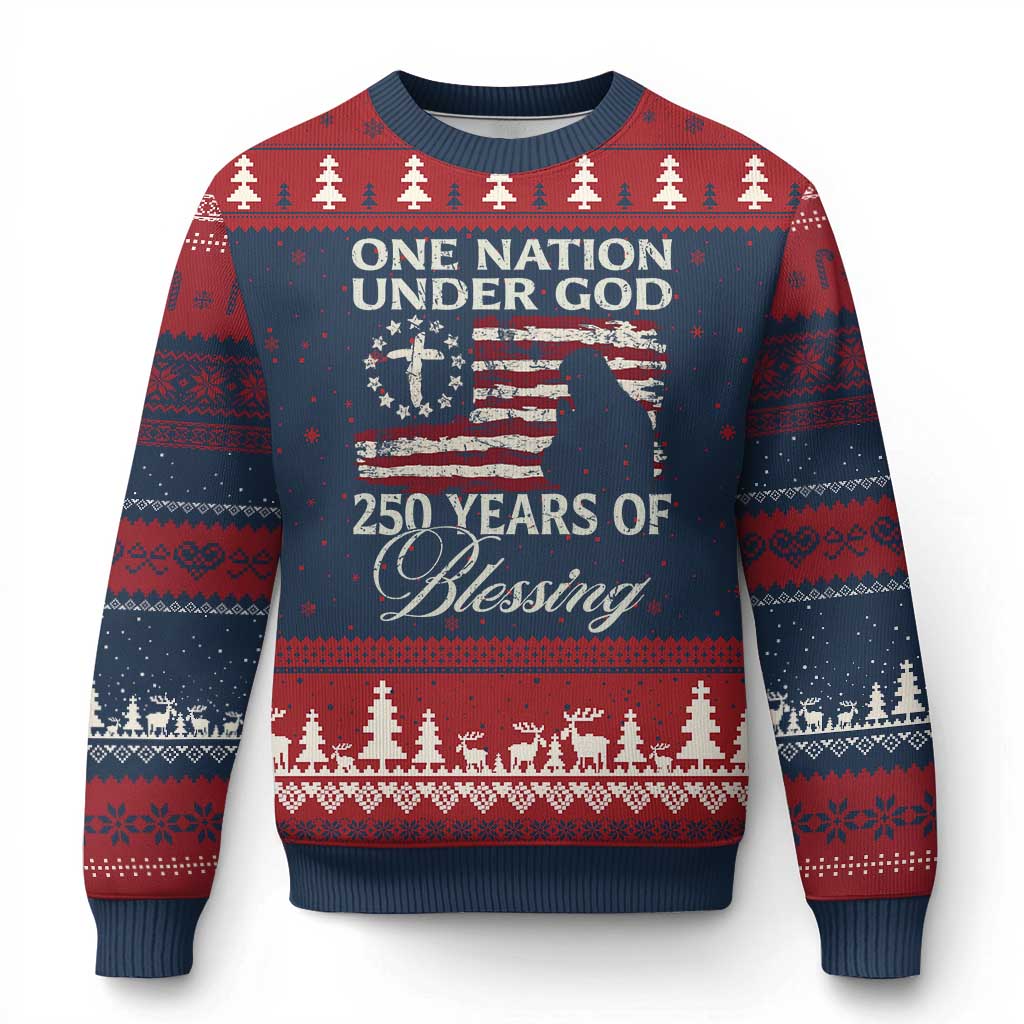 250th Anniversary USA Ugly Christmas Sweater One Nation Under God 250 Years Of Blessing TS14 Navy Red Print Your Wear