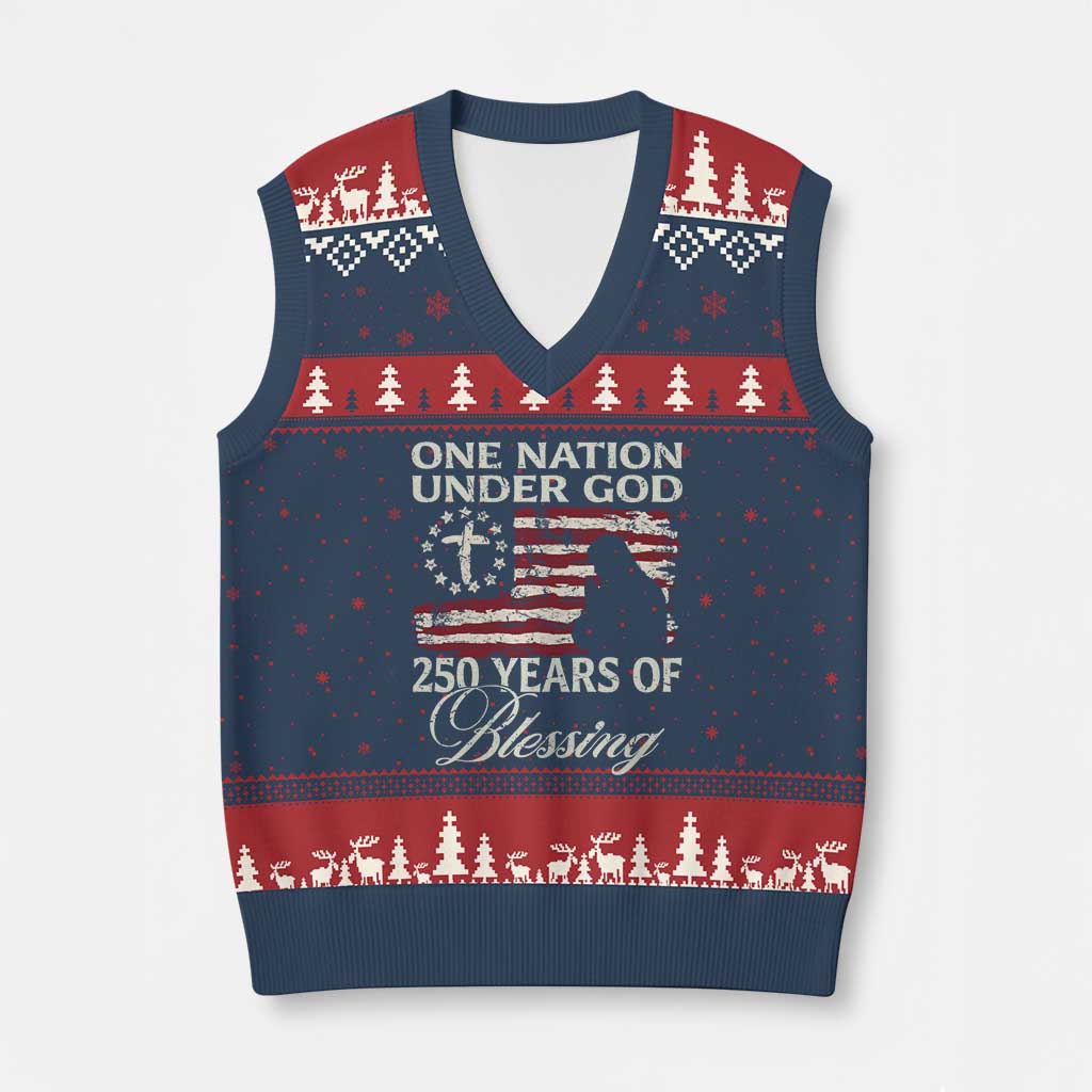 250th Anniversary USA V-Neck Knit Sweater Vest One Nation Under God 250 Years Of Blessing TS14 Navy Red Print Your Wear