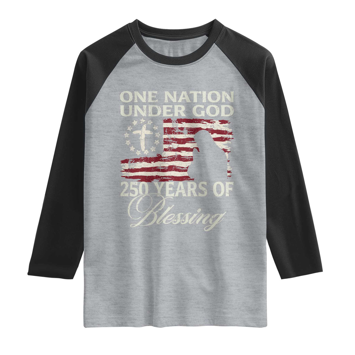 250th Anniversary USA Raglan Shirt One Nation Under God 250 Years Of Blessing TS14 Heather Gray Black Print Your Wear