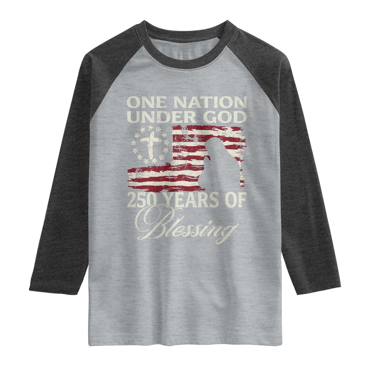 250th Anniversary USA Raglan Shirt One Nation Under God 250 Years Of Blessing TS14 Heather Gray Heather Charcoal Print Your Wear