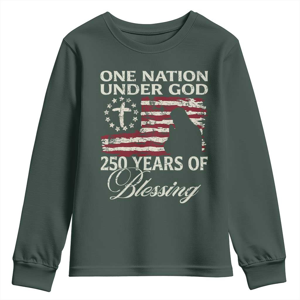 250th Anniversary USA Youth Sweatshirt One Nation Under God 250 Years Of Blessing TS14 Dark Forest Green Print Your Wear