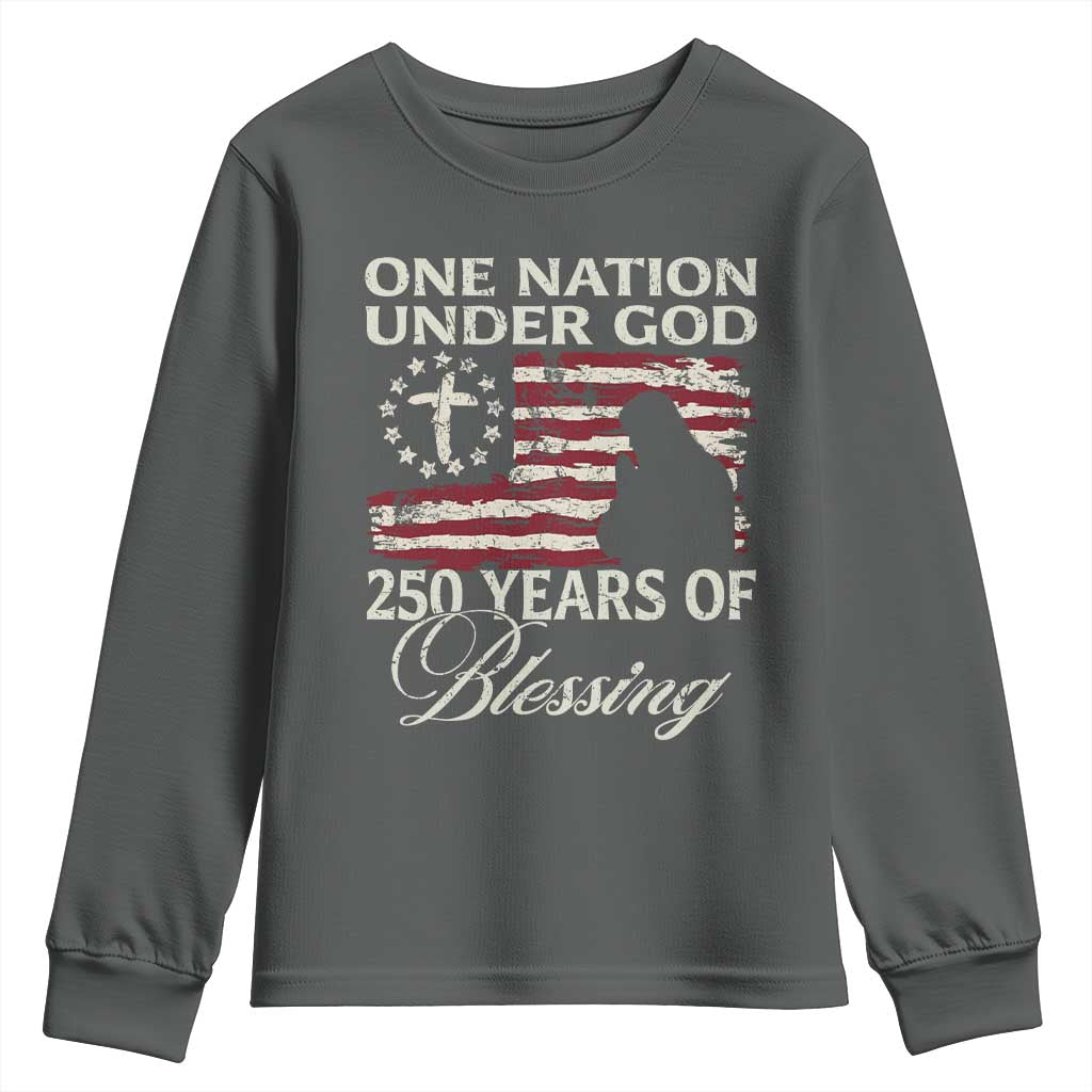 250th Anniversary USA Youth Sweatshirt One Nation Under God 250 Years Of Blessing TS14 Dark Heather Print Your Wear