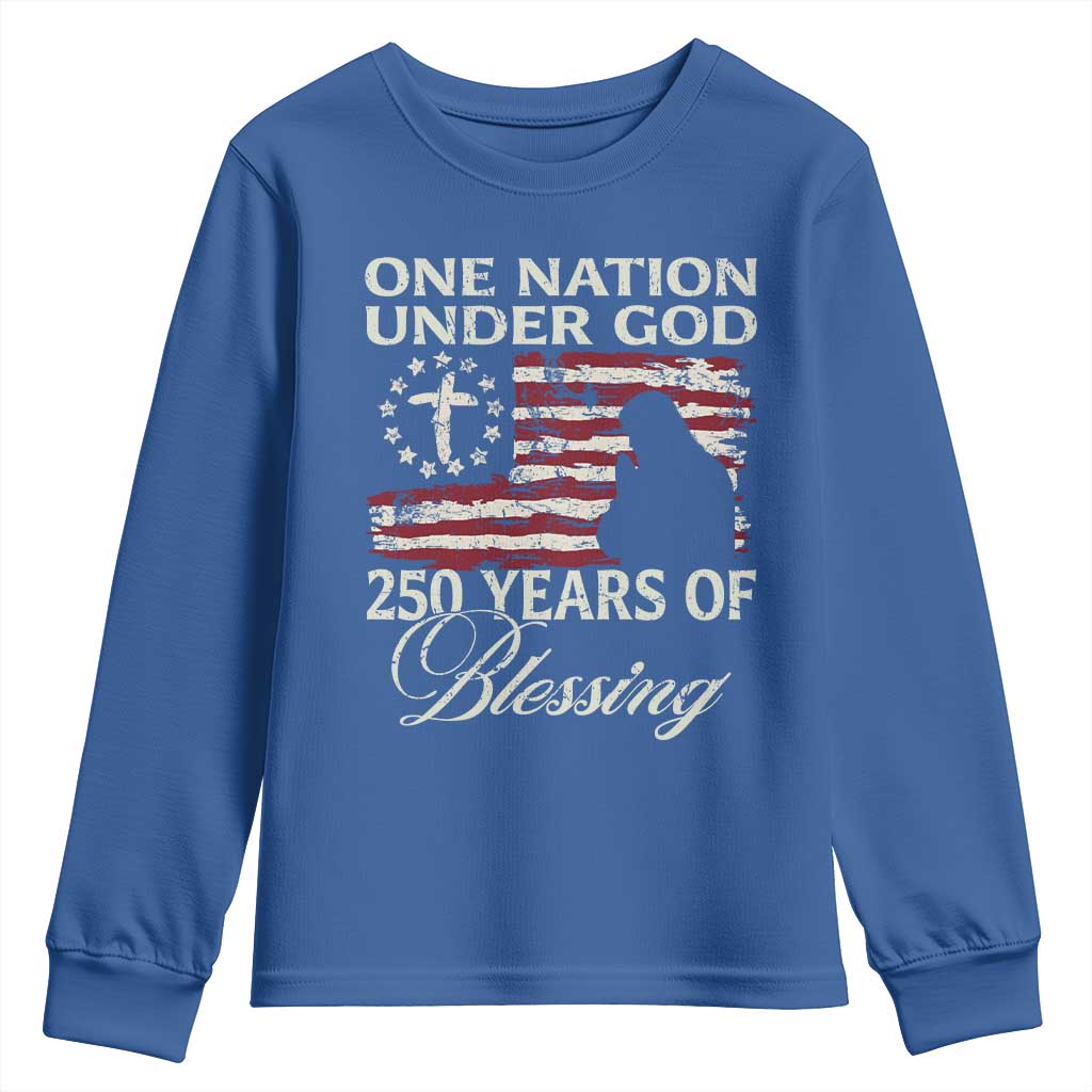 250th Anniversary USA Youth Sweatshirt One Nation Under God 250 Years Of Blessing TS14 Royal Blue Print Your Wear