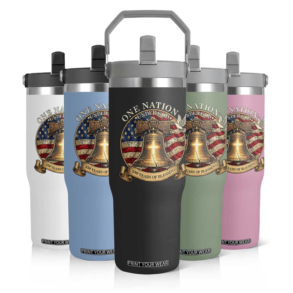 One Nation Under God 250 Years Of Blessing Flip Straw Tumbler Christian Cross Bald Eagle 4th of July TS14 Print Your Wear