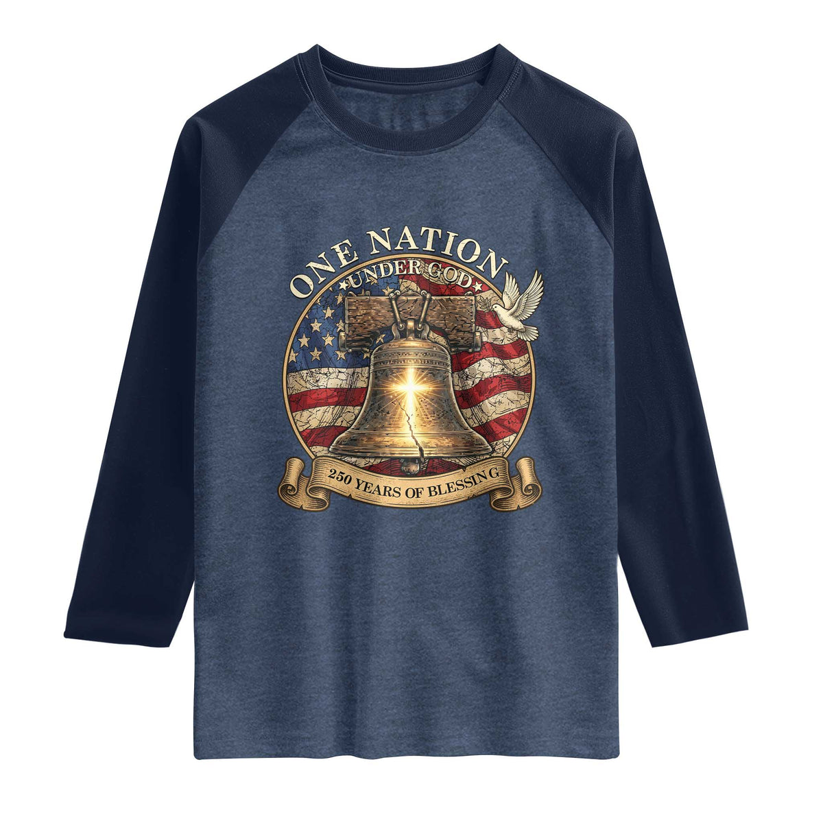 One Nation Under God 250 Years Of Blessing Raglan Shirt Christian Cross Bald Eagle 4th of July TS14 Heather Denim Navy Print Your Wear