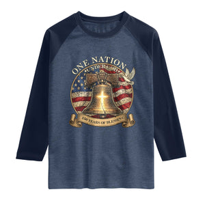 One Nation Under God 250 Years Of Blessing Raglan Shirt Christian Cross Bald Eagle 4th of July TS14 Heather Denim Navy Print Your Wear