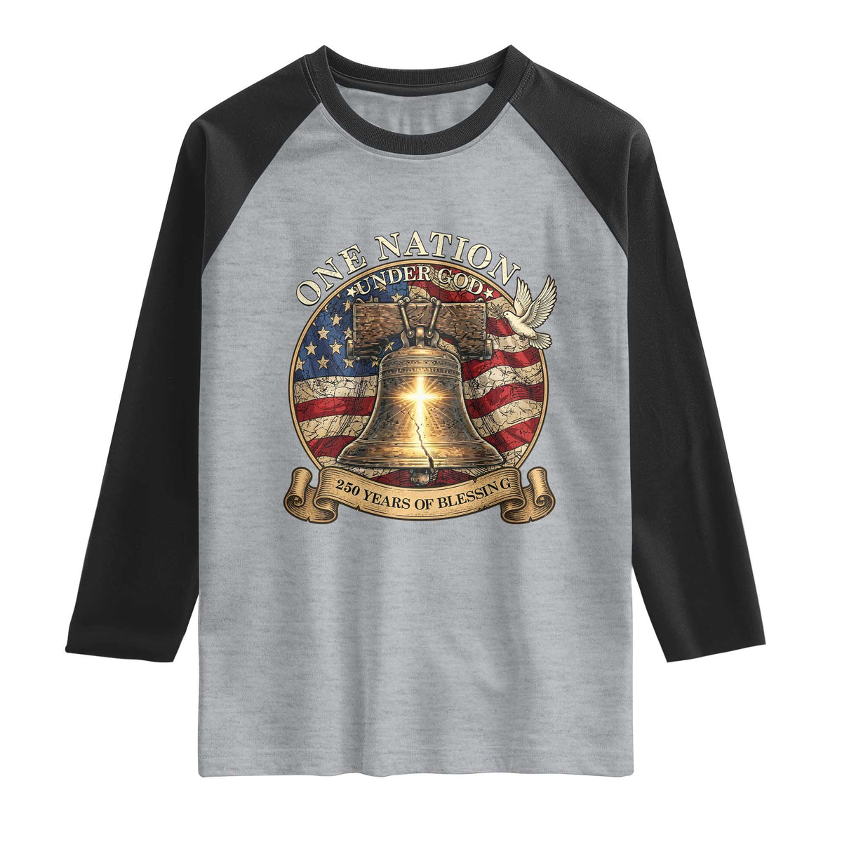One Nation Under God 250 Years Of Blessing Raglan Shirt Christian Cross Bald Eagle 4th of July TS14 Heather Gray Black Print Your Wear