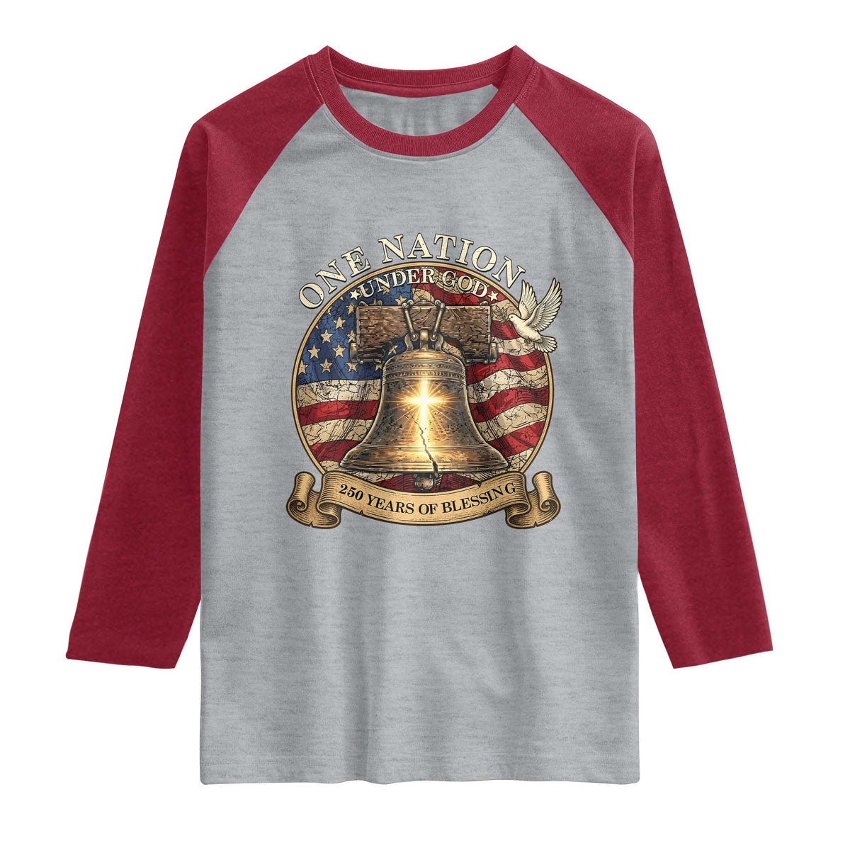 One Nation Under God 250 Years Of Blessing Raglan Shirt Christian Cross Bald Eagle 4th of July TS14 Heather Gray Heather Red Print Your Wear