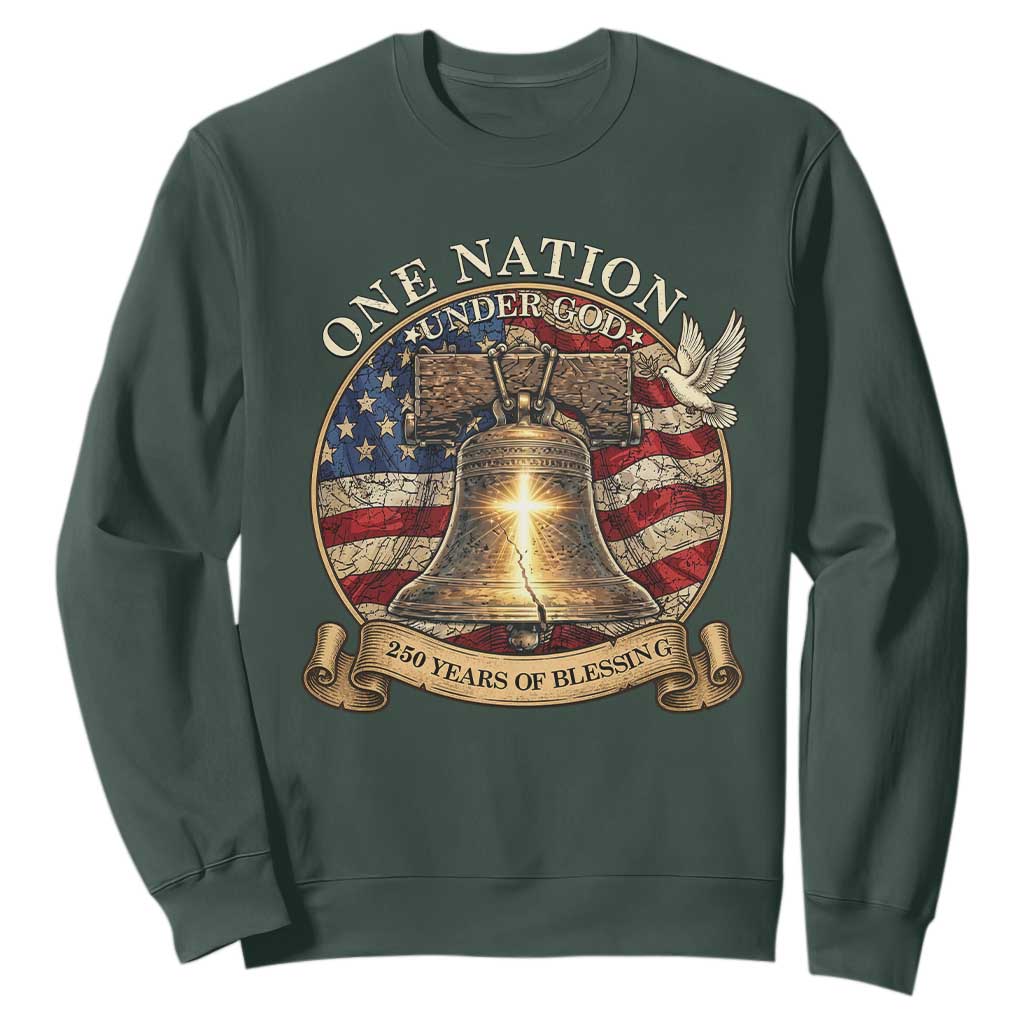 One Nation Under God 250 Years Of Blessing Sweatshirt Christian Cross Bald Eagle 4th of July TS14 Dark Forest Green Print Your Wear