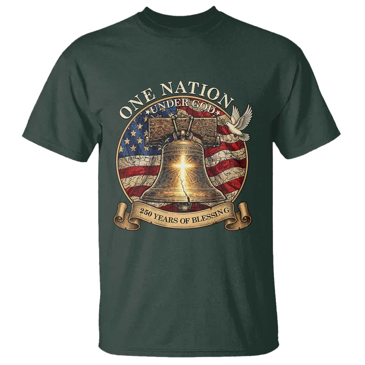 One Nation Under God 250 Years Of Blessing T Shirt Christian Cross Bald Eagle 4th of July TS14 Dark Forest Green Print Your Wear