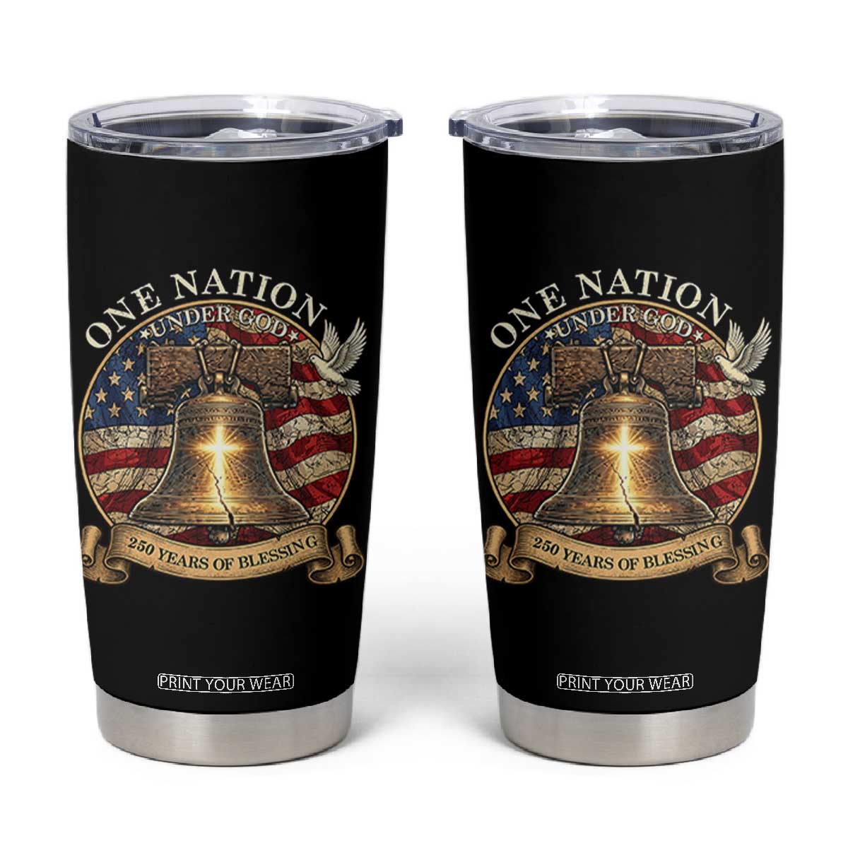 One Nation Under God 250 Years Of Blessing Tumbler Cup Christian Cross Bald Eagle 4th of July TS14 Black Print Your Wear