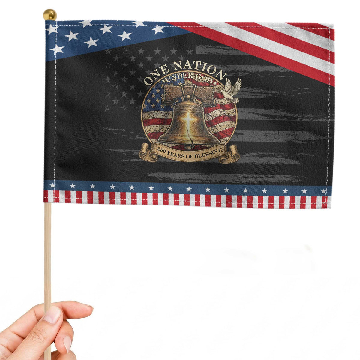 One Nation Under God 250 Years Of Blessing Patriotic Handheld Flag Christian Cross Bald Eagle 4th of July TS14 Distressed 8.2" × 5.5" Black Blue Print Your Wear