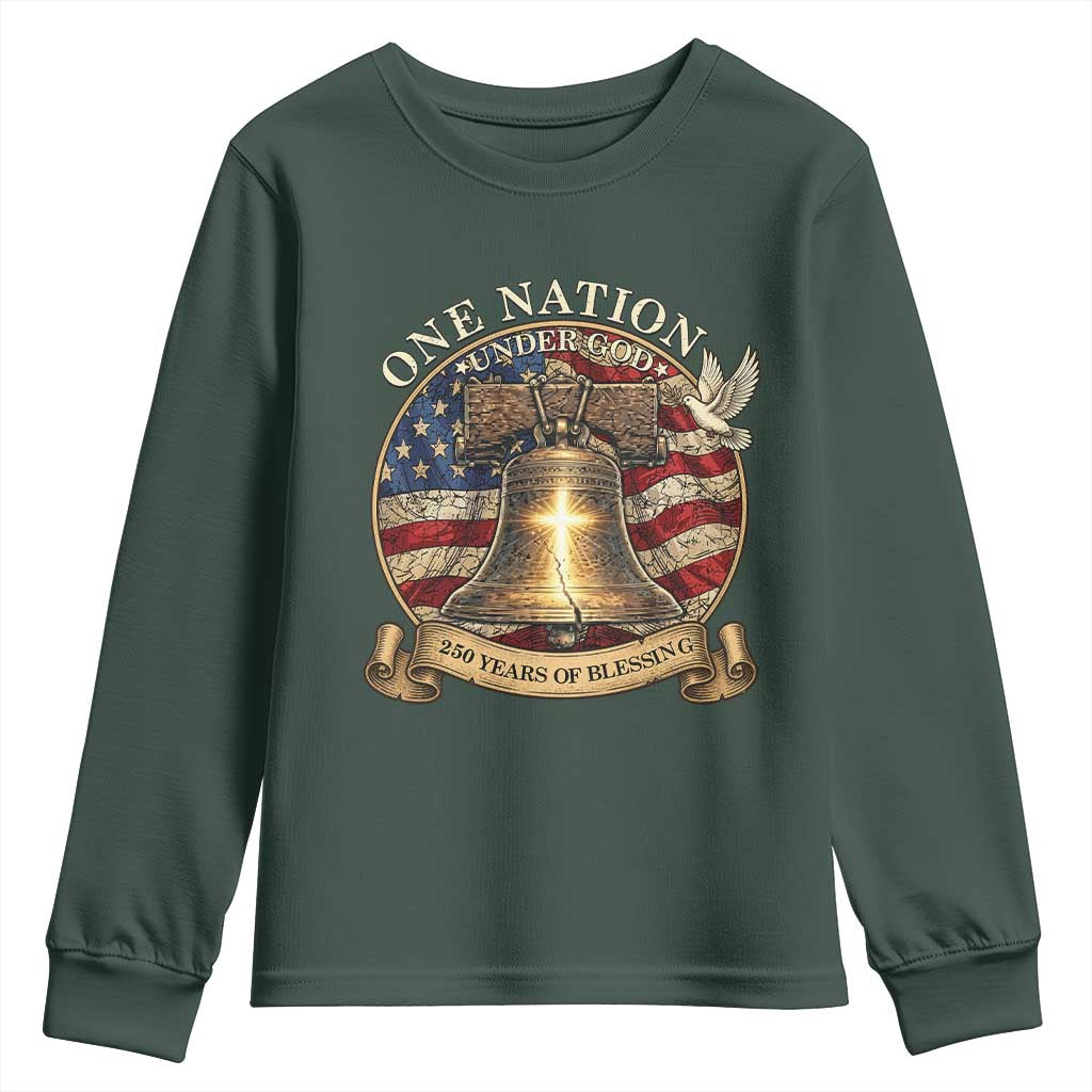 One Nation Under God 250 Years Of Blessing Youth Sweatshirt Christian Cross Bald Eagle 4th of July TS14 Dark Forest Green Print Your Wear