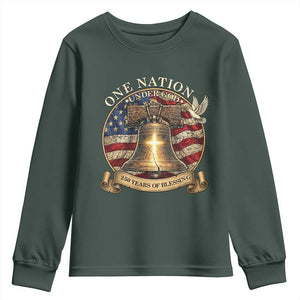 One Nation Under God 250 Years Of Blessing Youth Sweatshirt Christian Cross Bald Eagle 4th of July TS14 Dark Forest Green Print Your Wear