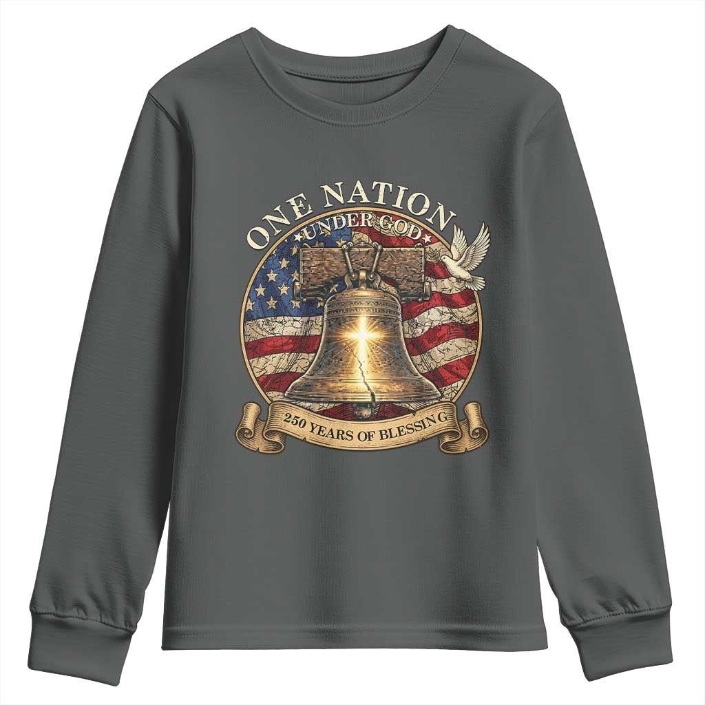 One Nation Under God 250 Years Of Blessing Youth Sweatshirt Christian Cross Bald Eagle 4th of July TS14 Dark Heather Print Your Wear