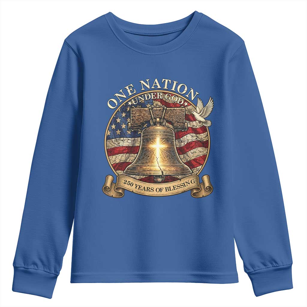 One Nation Under God 250 Years Of Blessing Youth Sweatshirt Christian Cross Bald Eagle 4th of July TS14 Royal Blue Print Your Wear
