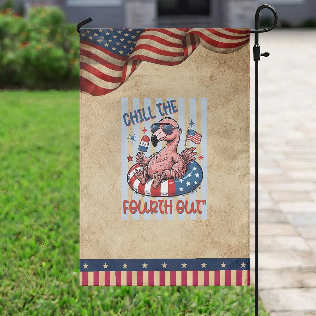 Chill The Fourth Out Patriotic Garden Flag Flamerica Flamingo 4th Of July TS14 Vintage Rustic Tan Navy Print Your Wear