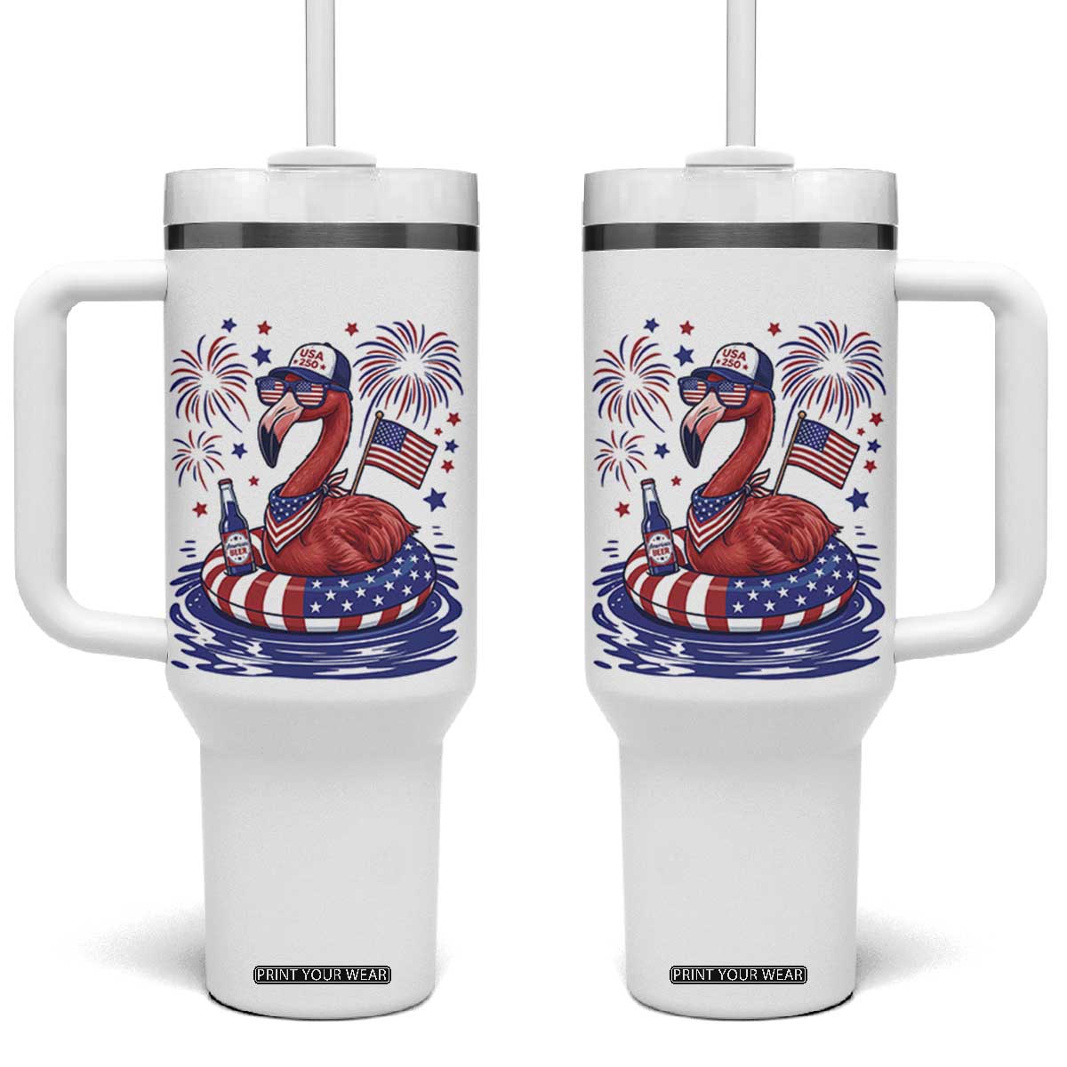 Flamingo 4Th Of July Patriotic USA American Flag Tumbler With Handle TS14 One Size: 40 oz White Print Your Wear