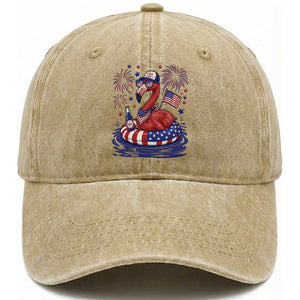 Flamingo 4Th Of July Patriotic USA American Flag Washed Cotton Baseball Cap