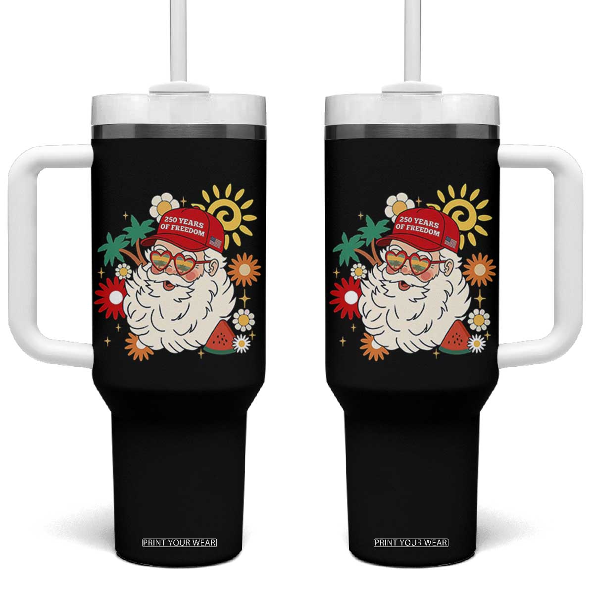 USA 250th Anniversary Santa Christmas In July Tumbler With Handle TS14 One Size: 40 oz Black Print Your Wear