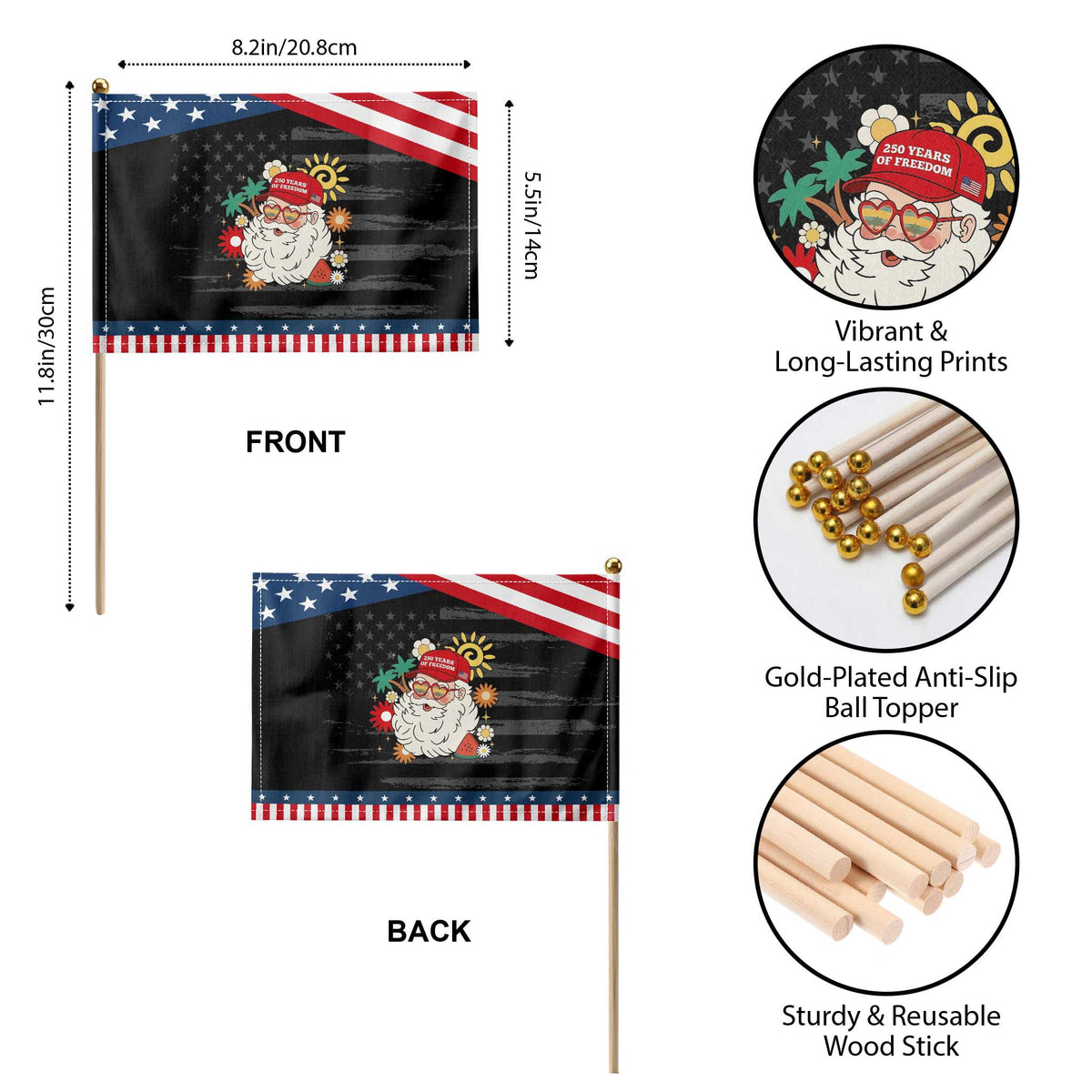 USA 250th Anniversary Santa Christmas In July Patriotic Handheld Flag