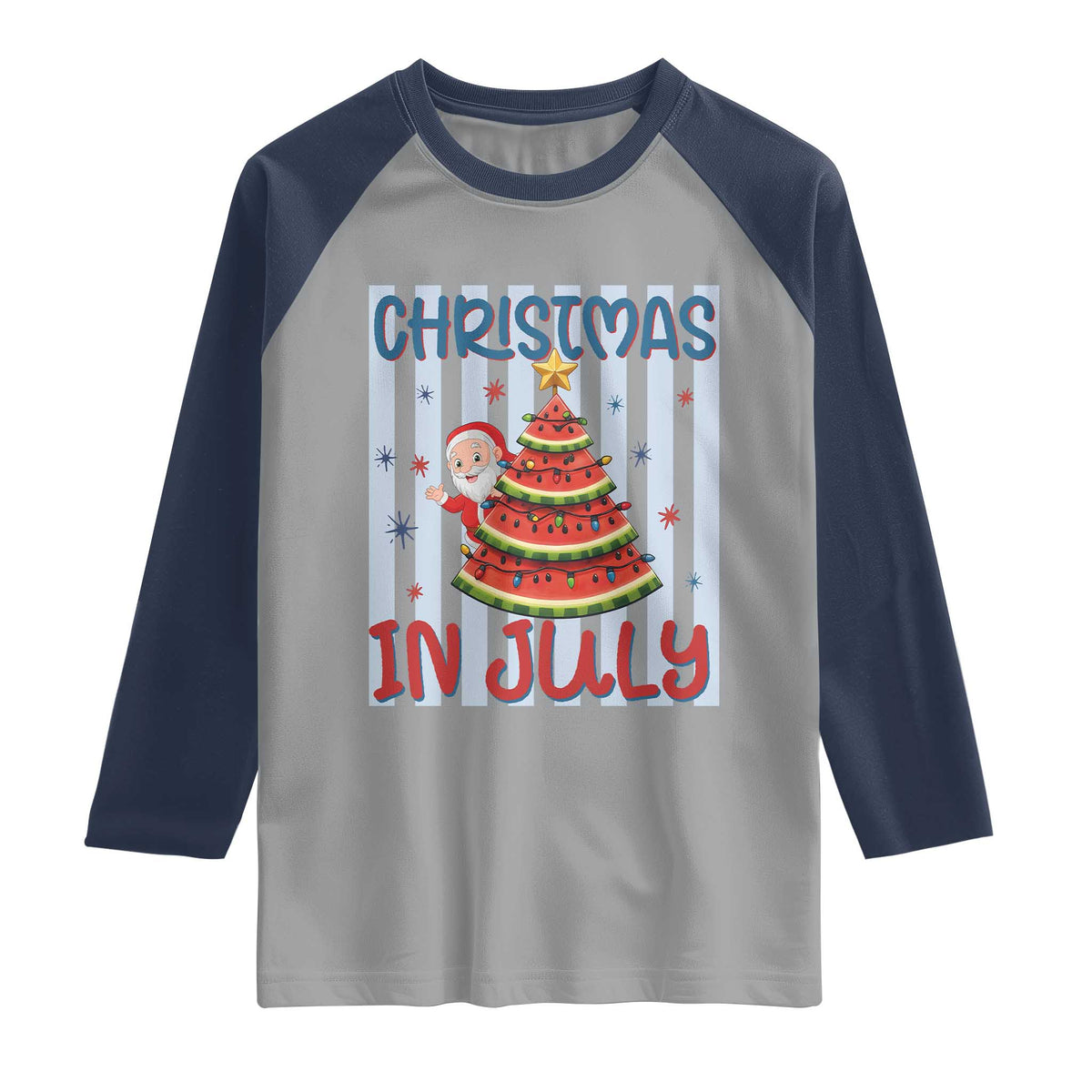 Funny Santa Christmas in July Raglan Shirt Melon Christmas Tree Summer